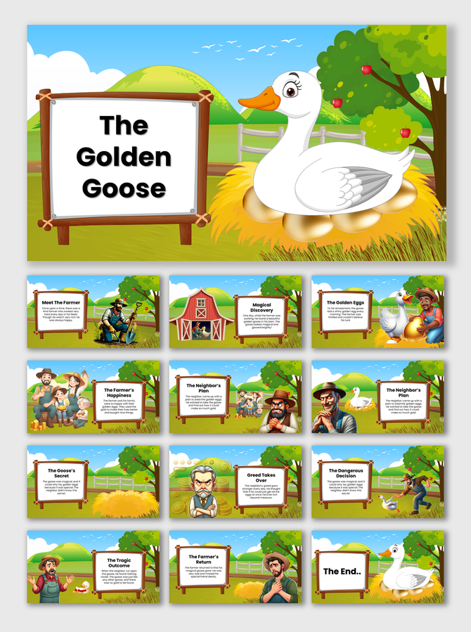 A cartoon golden goose PPT slides in a field, laying golden eggs, the centerpiece of the fable on a colorful theme with text.