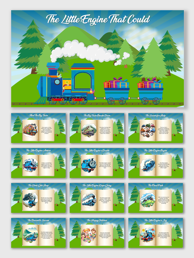 Story slides featuring a train journey through mountains, with illustrated scenes of determination, effort, and success.
