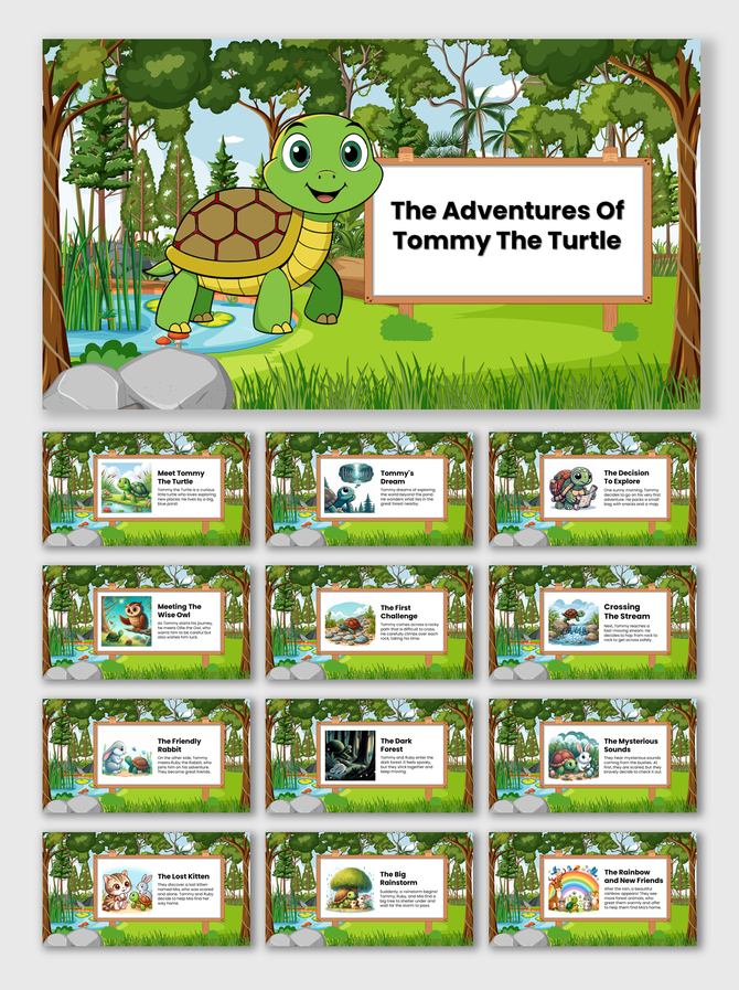 Playful slide deck about Tommy the turtle, with bright green forest scenery, wooden frames, and engaging story elements.