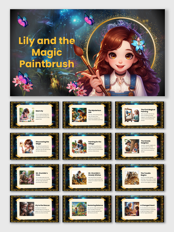 Slide deck about Lily and her magic paintbrush, featuring glowing effects, fairytale elements, and vibrant art.