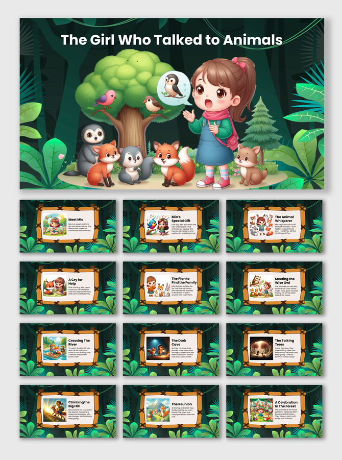 The Girl Who Talked to Animals PPT slides with vibrant illustrations of a young girl surrounded by animals in a forest.