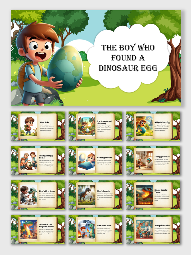 Storybook slide pack with colorful illustrations about a boy who finds a dinosaur egg, with characters and exciting scenes.