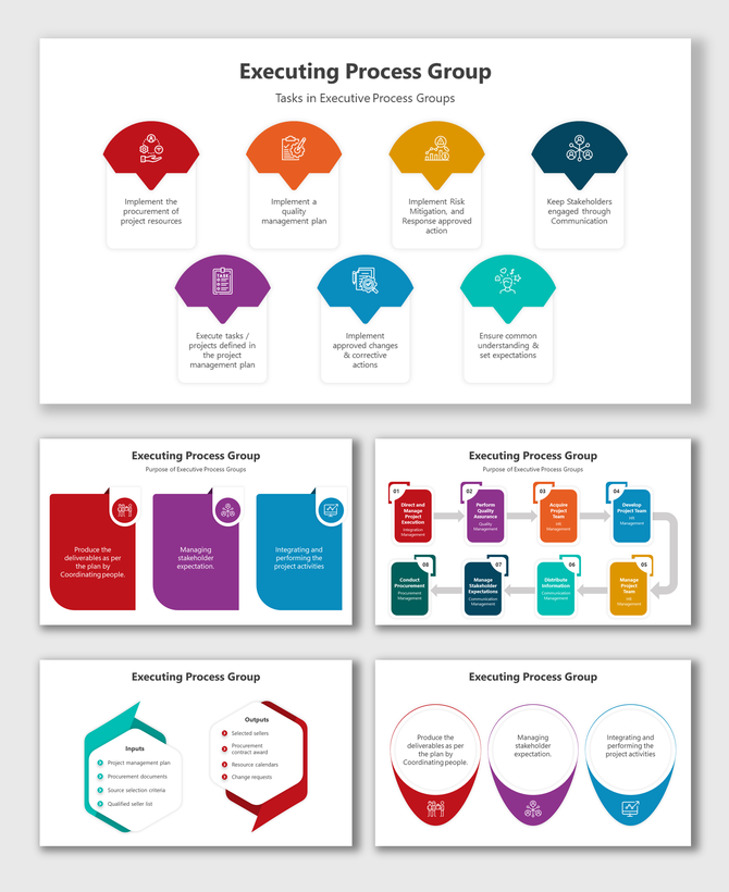 Slide deck with colorful shapes illustrating tasks and purpose of executing process groups in project management.