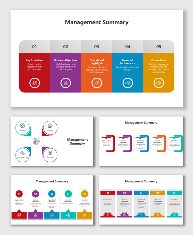 Management summary PPT slides outlining the steps in different colorful layout designs and icons with text descriptions.