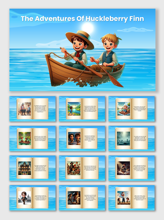 Storybook-style presentation of 'Huckleberry Finn' with illustrated pages showing Huck and friends on their journey.