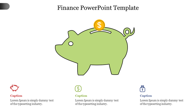 Minimalist green piggy bank illustration with a dollar coin and finance-related placeholders text areas.