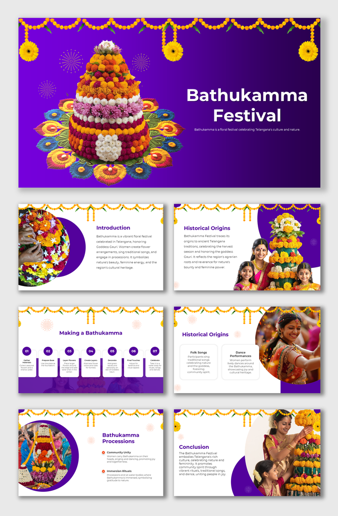 Colorful Bathukamma Festival slides showcasing traditional flower arrangements and cultural celebrations with caption areas.