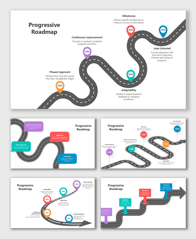 Progressive roadmap showing stages from phased approach to goal-oriented milestones on a winding path with checkpoints.