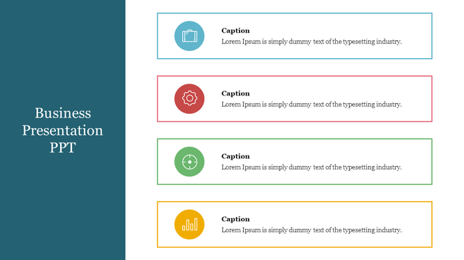 Blue business panel on the left with a title and four caption sections with icons and colors on the right.