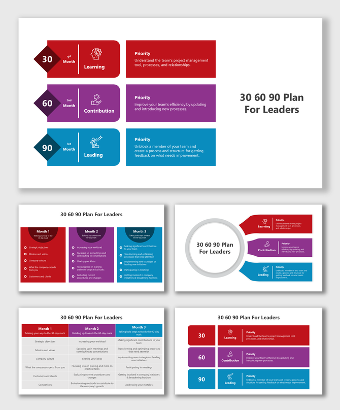 30 60 90 day plan for leaders with color-coded sections highlighting monthly tasks, priorities, and strategic goals.