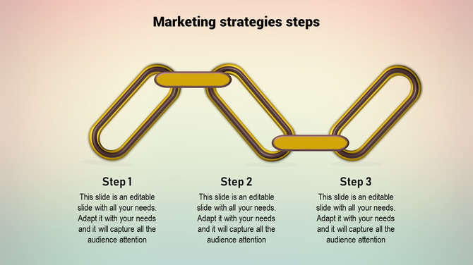 Marketing strategies steps with linked gold chain shapes connecting three text sections over a gradient background.