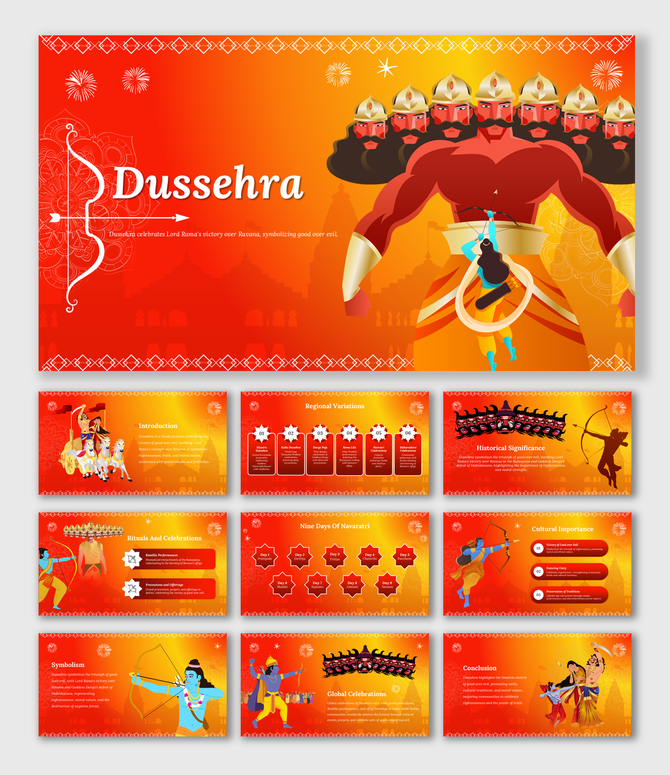 Dussehra presentation with Lord Rama's victory over Ravana, showing rituals, regional variations, and celebrations.