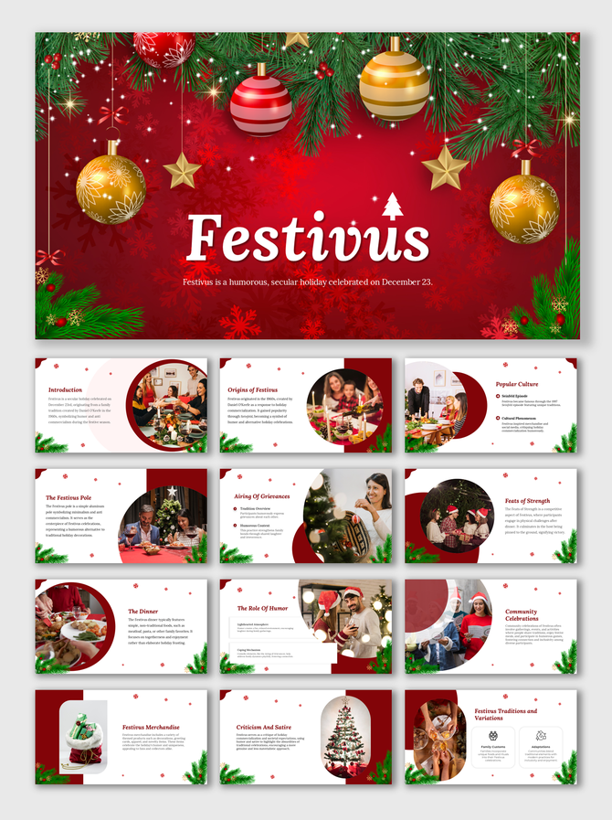 Festivus template with red and gold Christmas decor, covers traditions, Airing of Grievances, Feats of Strength, and more.