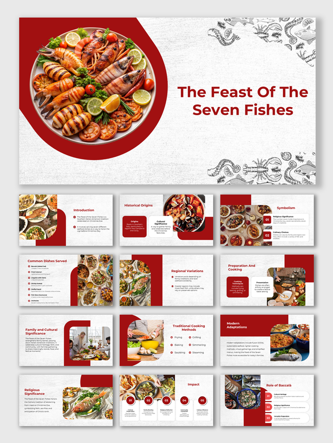 Feast Of The Seven Fishes template with seafood dishes, red accents, and slides on traditions, symbolism, and history.