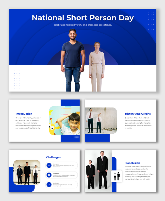 Slide for National Short Person Day with height diversity visuals, blue theme, history, challenges, and acceptance info.