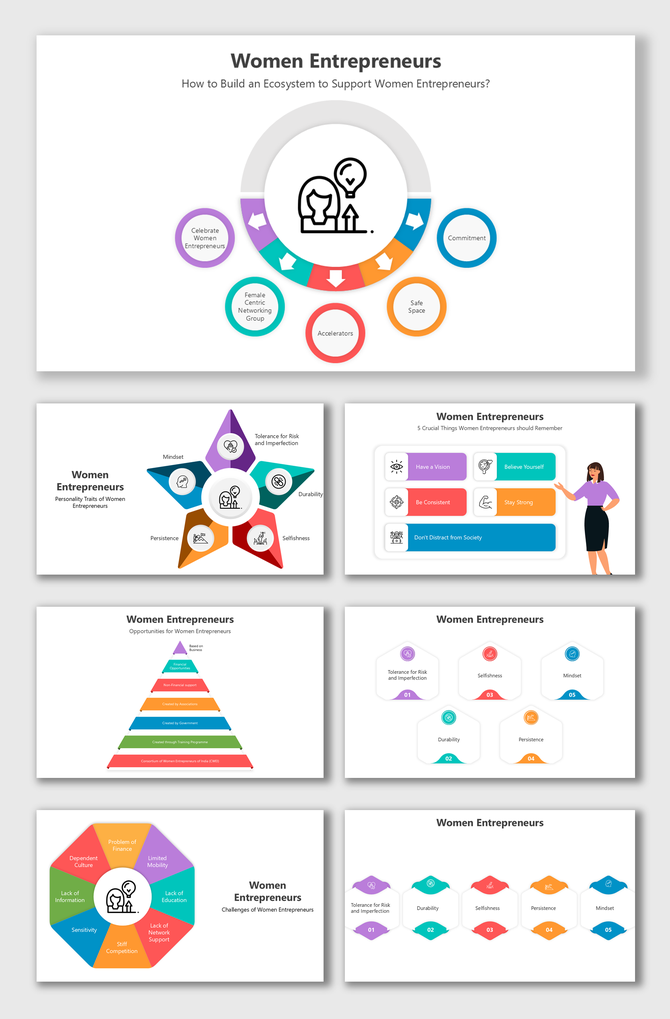 Women Entrepreneurs slide set with vibrant icons, star and hexagon chart, highlighting traits, challenges, and opportunities.