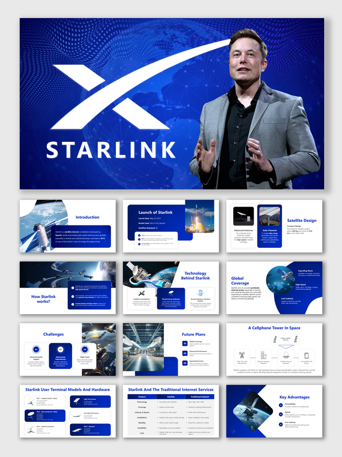 Starlink slides with launch details, satellite tech, global reach, challenges, future plans, and internet comparison.