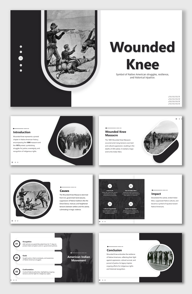 Wounded Knee slides with black-and-white visuals, historic photos, and structured sections on causes and impacts.