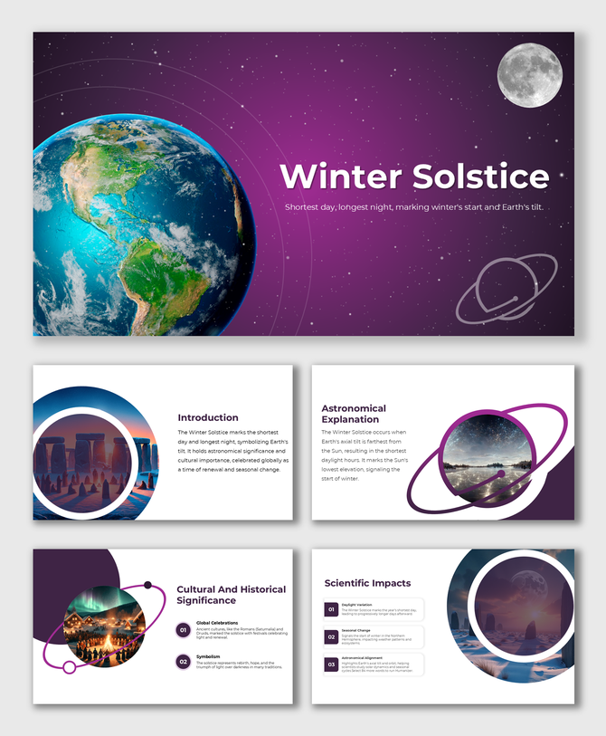 Winter Solstice with Earth, moon, celestial visuals, purple backgrounds, and sections on cultural and scientific impacts.