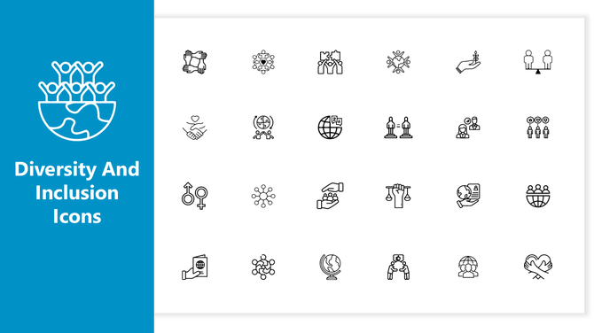 Diversity and inclusion icons featuring symbols for teamwork, gender equality, cultural understanding, and global unity.