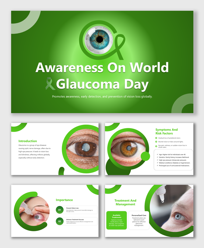 World Glaucoma Day slide with green accents, eye visuals, and placeholders for awareness, prevention, and key details.