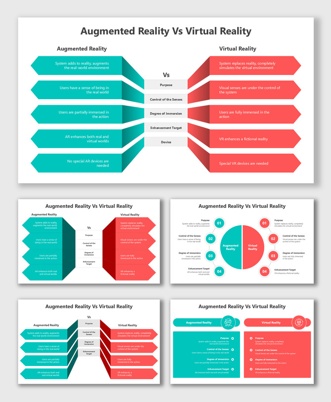 Infographic slide comparing augmented reality and virtual reality with teal and red segments and placeholder captions.