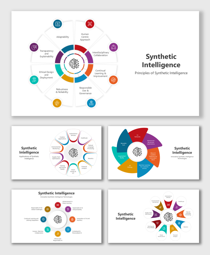 Synthetic intelligence slide with circular diagrams, colorful segments, icons, and placeholders for principles and applicatio