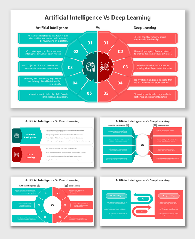 AI vs Deep Learning slide with colorful visuals, split design, and placeholders for structured comparison and content areas.