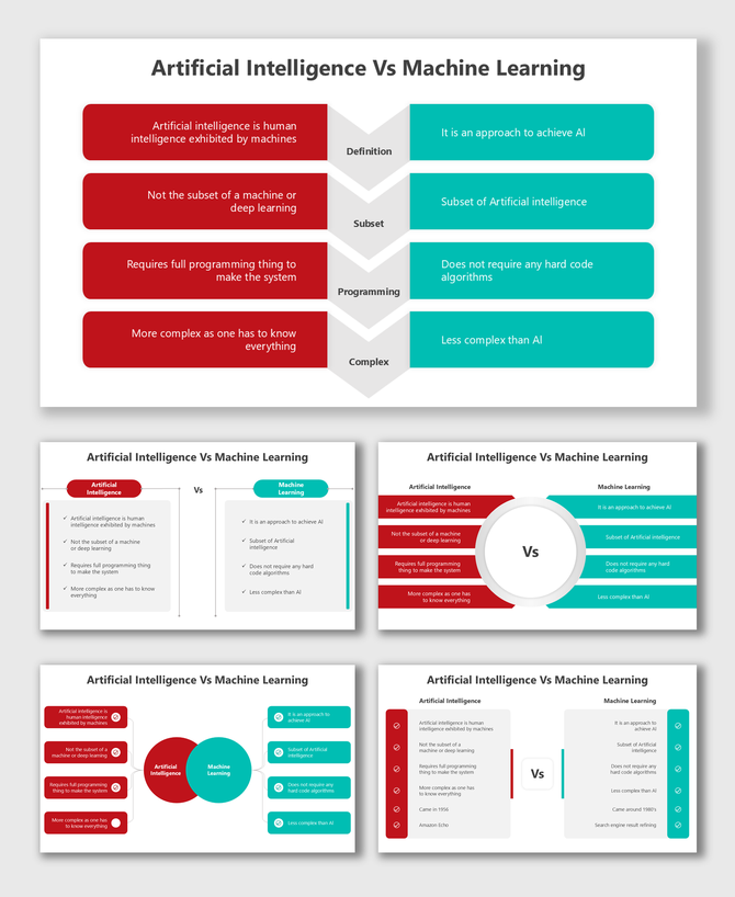 AI vs Machine Learning infographic with side-by-side comparisons, colorful sections, and placeholders for key concepts.