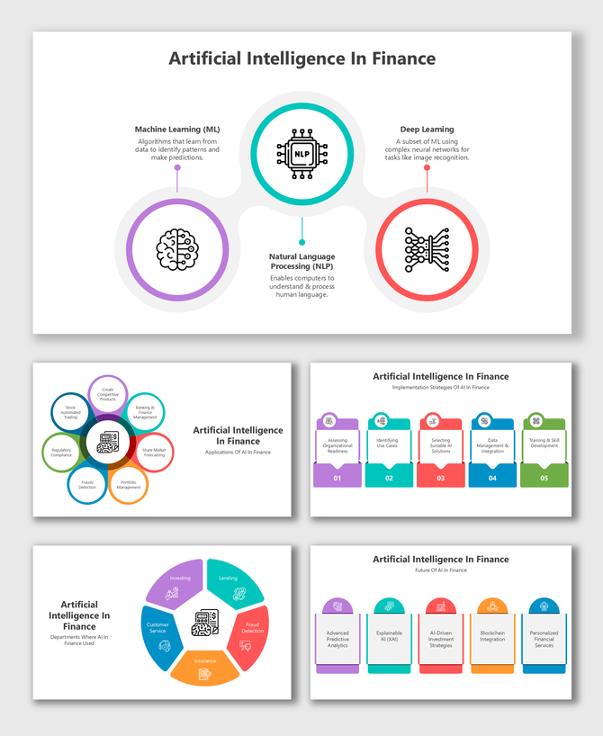 Artificial Intelligence in Finance slides with vibrant visuals, structured layouts, and placeholders for AI concepts.