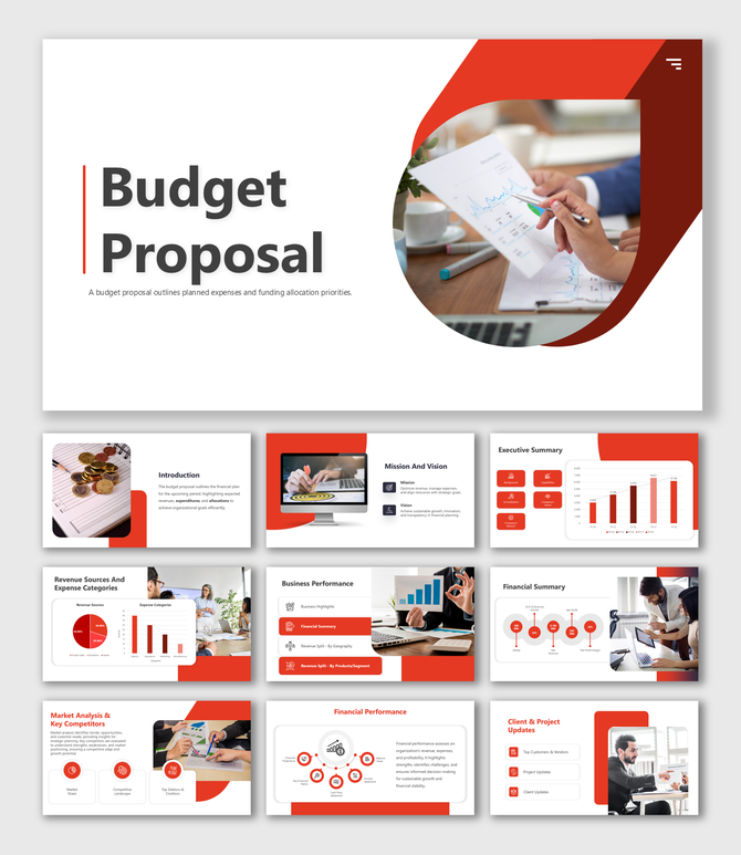 Budget proposal slide deck with red-themed design, charts, images, analysis visuals, and customizable placeholder areas.
