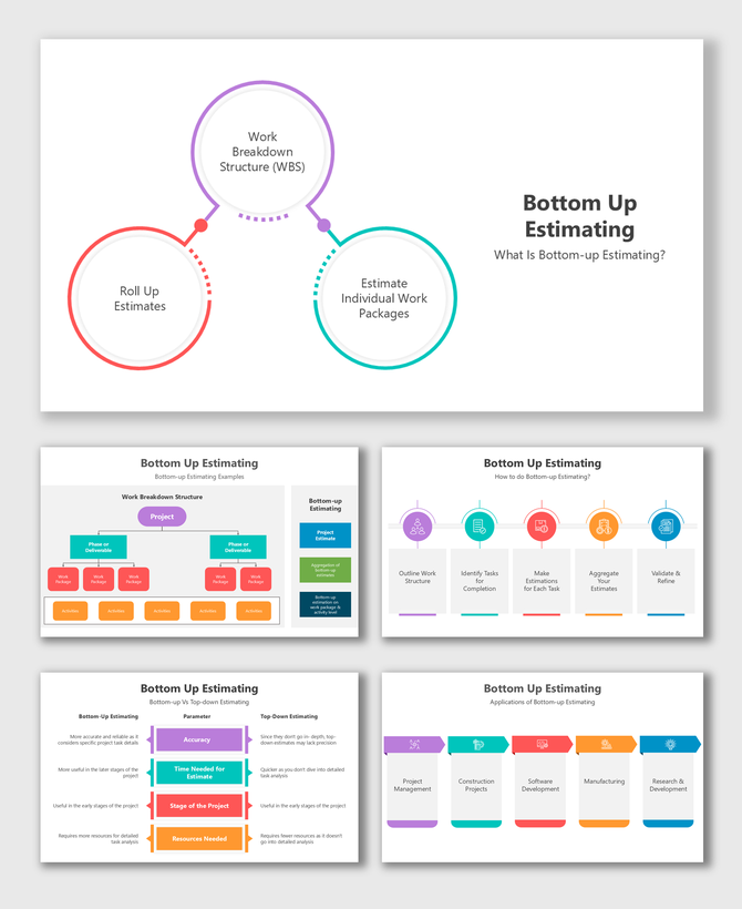 Bottom-up estimating presentation with colorful diagrams, workflows, comparisons, and placeholders for project details.