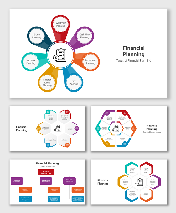 Financial planning slides featuring circular diagrams, process charts, and placeholders for key planning elements.