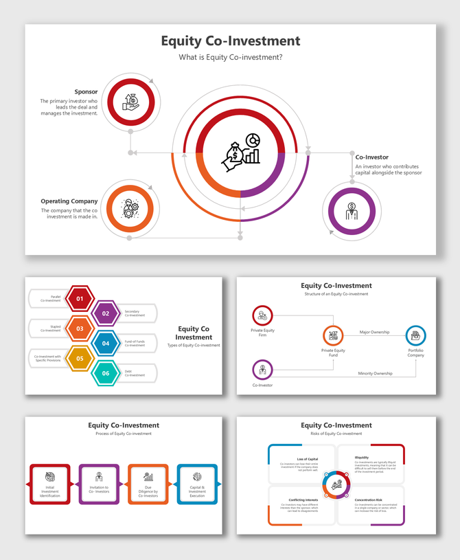 Visually appealing slides explaining equity co-investment with structures, types, processes, risks, and infographic layouts.
