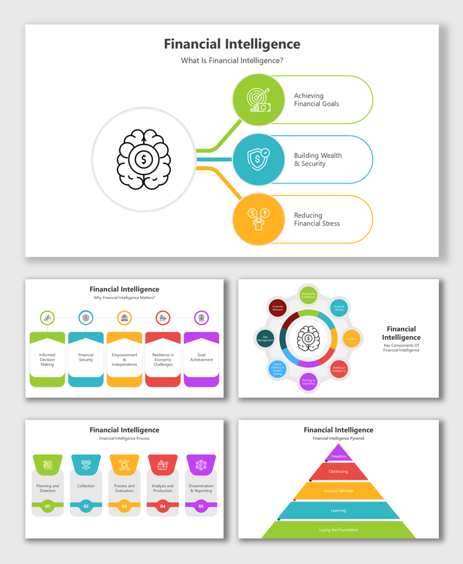 Slides showcasing Financial Intelligence with goals, processes, components, pyramid visuals, and infographic placeholders.