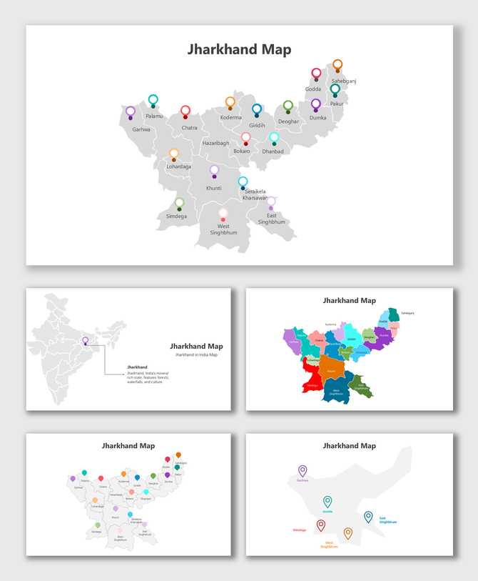Presentation slides featuring detailed Jharkhand maps with markers, regional boundaries, and infographic placeholders.