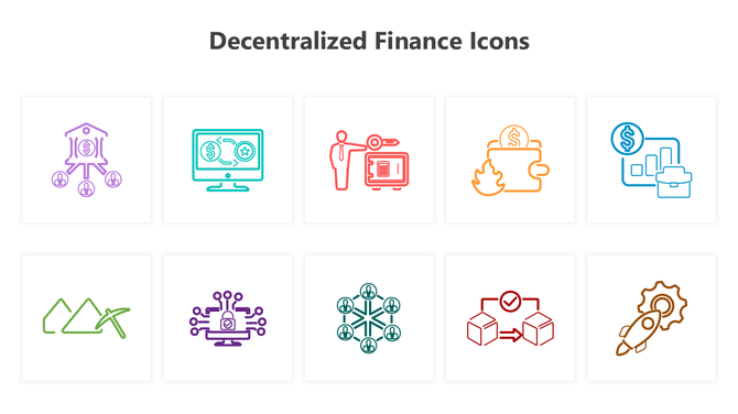 Vibrant line-art icons representing various decentralized finance concepts like wallets, mining, and transactions.