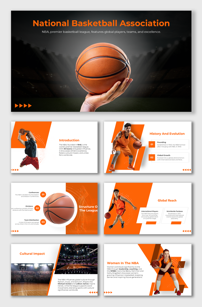 Slides on the NBA featuring history, league structure, global impact, cultural relevance, and women's contributions.