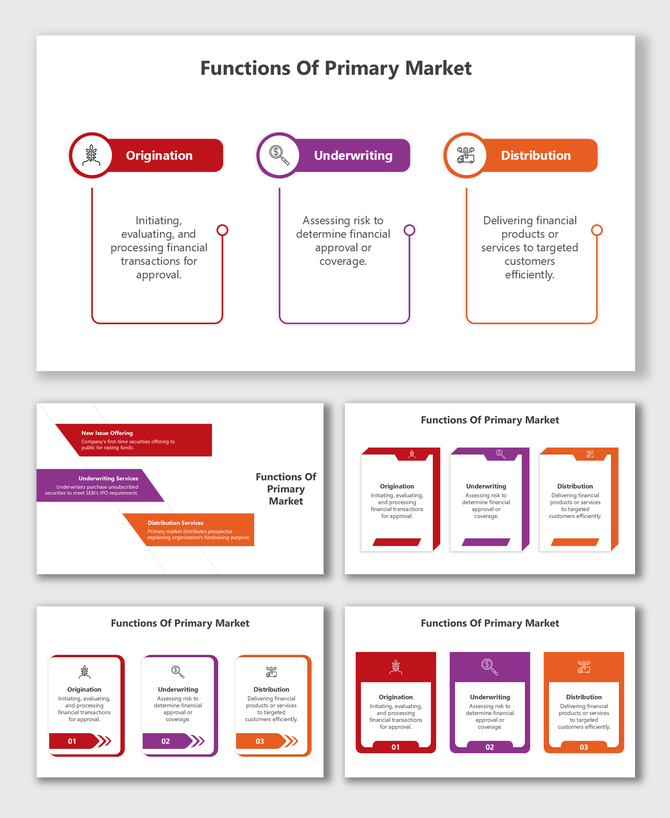 Functions of Primary Market slides with icons, color-coded layouts, structured diagrams, and editable placeholders.