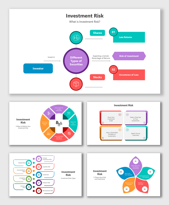 Investment Risk slides with diagrams, icons, color-coded layouts, segmented visuals, and editable placeholders.
