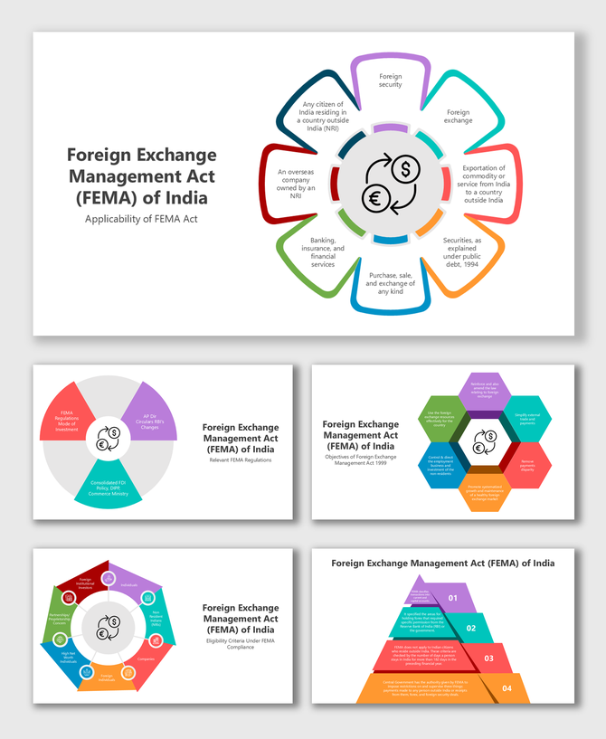 FEMA of India slides with colorful diagrams, icons, circular layouts, structured visuals, and editable placeholders.