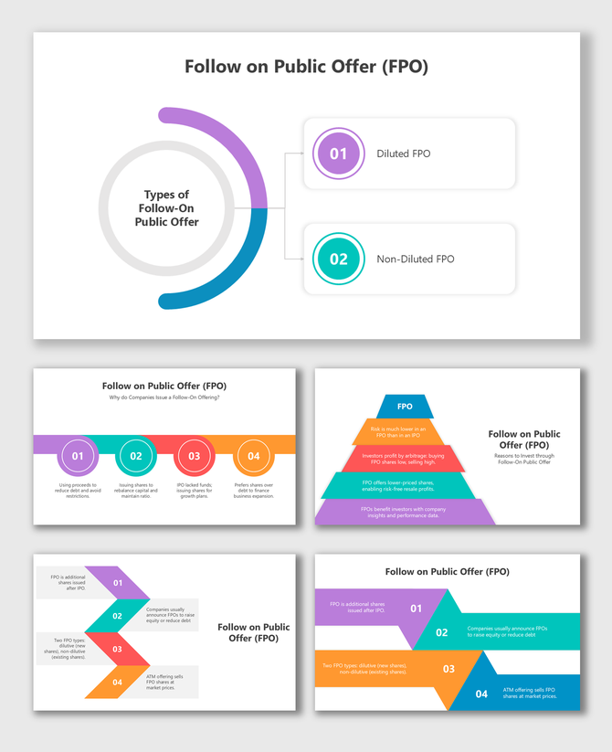 FPO slides with colorful layouts, diagrams, flowcharts, stepwise breakdowns, and editable placeholders for content.