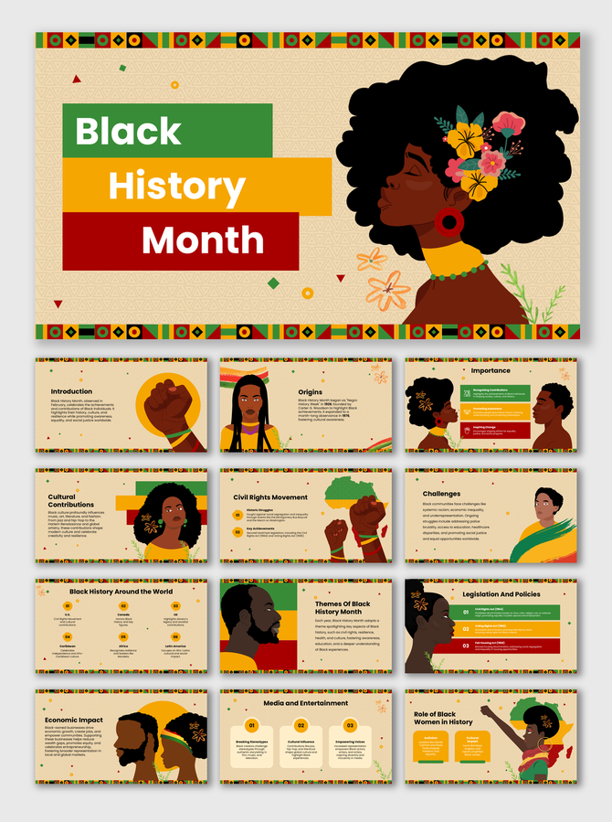 Slides on Black History Month covering history, cultural contributions, civil rights, global impact, and vibrant visuals.