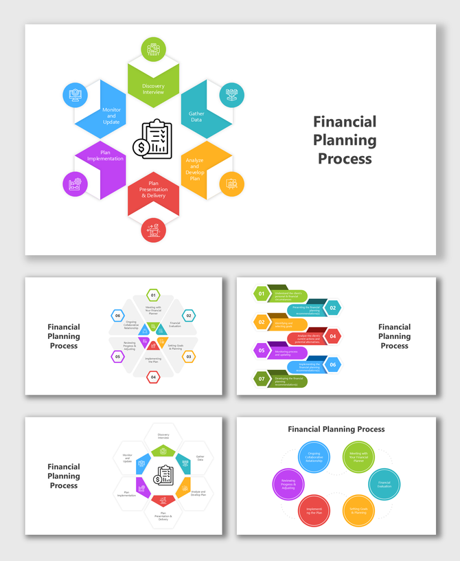 Colorful financial planning slides with icons, diagrams, vibrant layouts, and customizable placeholders for content.