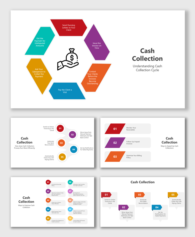 Cash Collection slides with colorful layouts, hexagonal designs, process flows, efficiency tips, and editable placeholders.