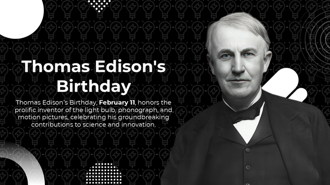 Thomas Edison portrait on a dark lightbulb-themed background with abstract shapes and placeholder captions.