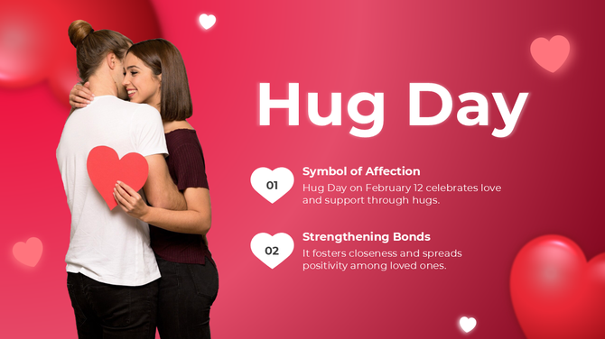 A couple hugging with a red heart prop on a pink background, surrounded by heart icons and placeholder text.