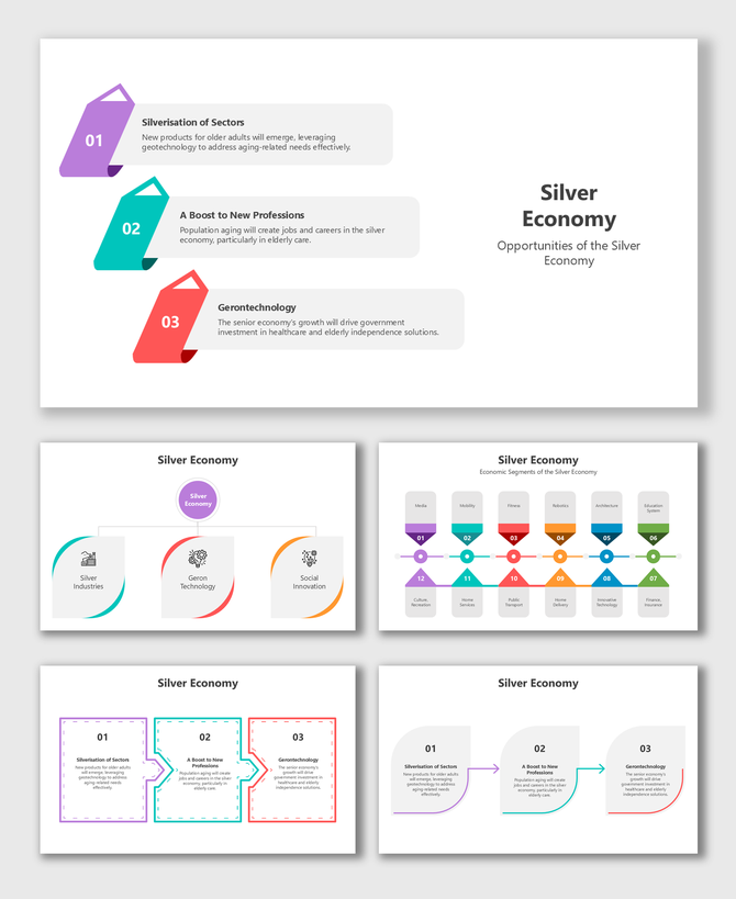 Silver Economy slides with infographics, opportunities, sectors, diagrams, and colorful placeholders for captions.