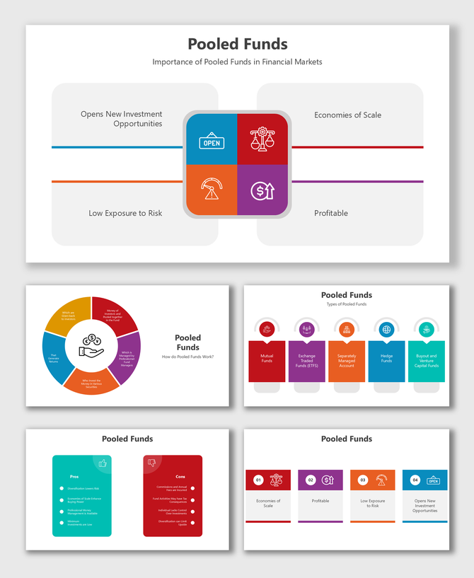 Pooled Funds slides with benefits, types, pros and cons, financial charts, and vibrant placeholders for insights.