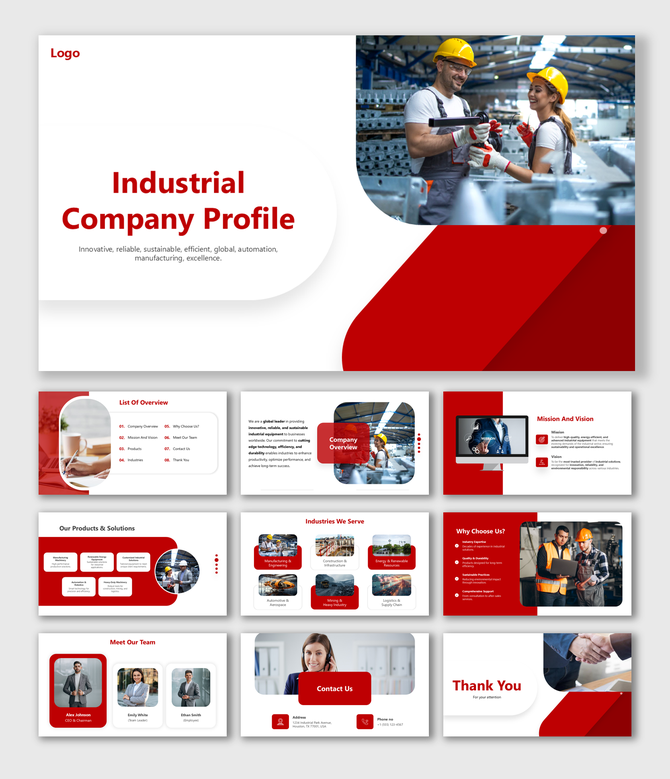 Industrial company profile slides with red visuals, sleek layouts, product highlights, and customizable placeholders.